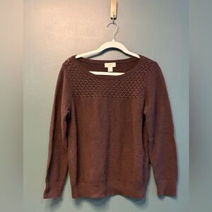 LOFT Brown Boatneck Knit Sweater with Pointelle Crochet Yolk Detail size L